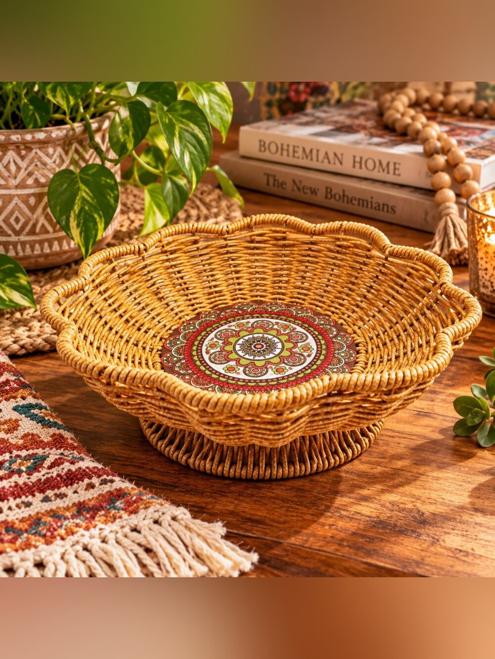 Woven Rattan Decorative Pedestal Bowl with Red & Green Medallion in the Center